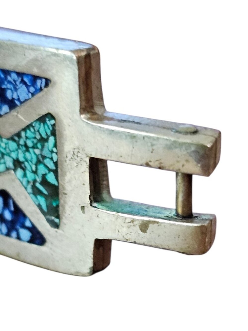 Vintage Alpaca Mexico Blue Green Stone Inlay Cuff Bracelet Southwestern Hinged - Picture 6 of 8